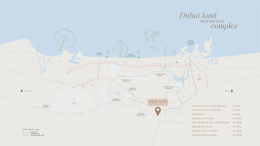 Location and connectivity map for Seraph by Wadan in Dubai Land Residence Complex.