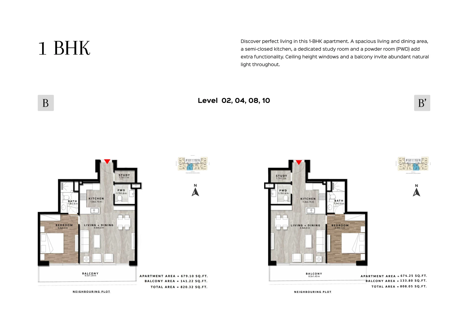 Floor plan for 1 Bedroom Type B/B' - Levels 02, 04, 08, 10
