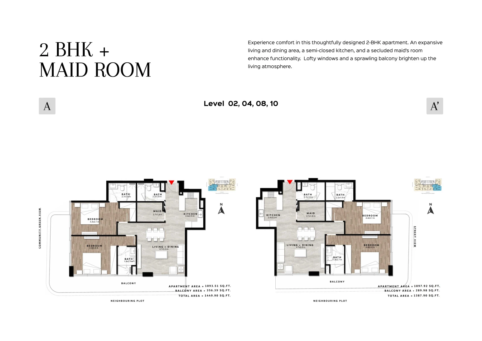 Floor plan for 2 Bedroom + Maid Type A/A' - Levels 02, 04, 08, 10