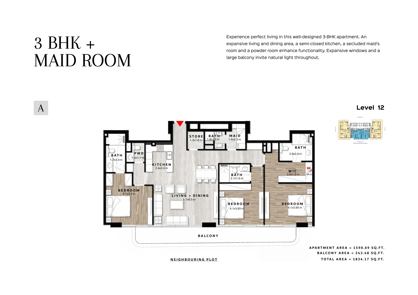 Floor plan for 3 Bedroom + Maid Type A - Level 12