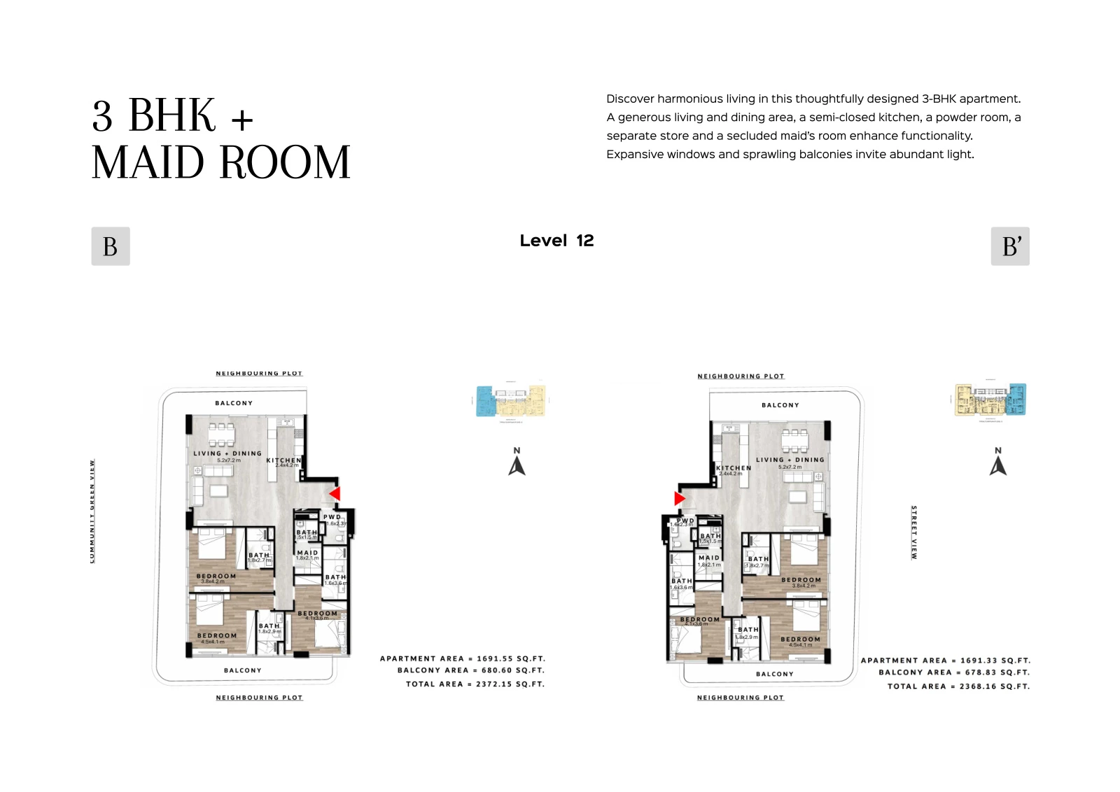 Floor plan for 3 Bedroom + Maid Type B/B' - Level 12
