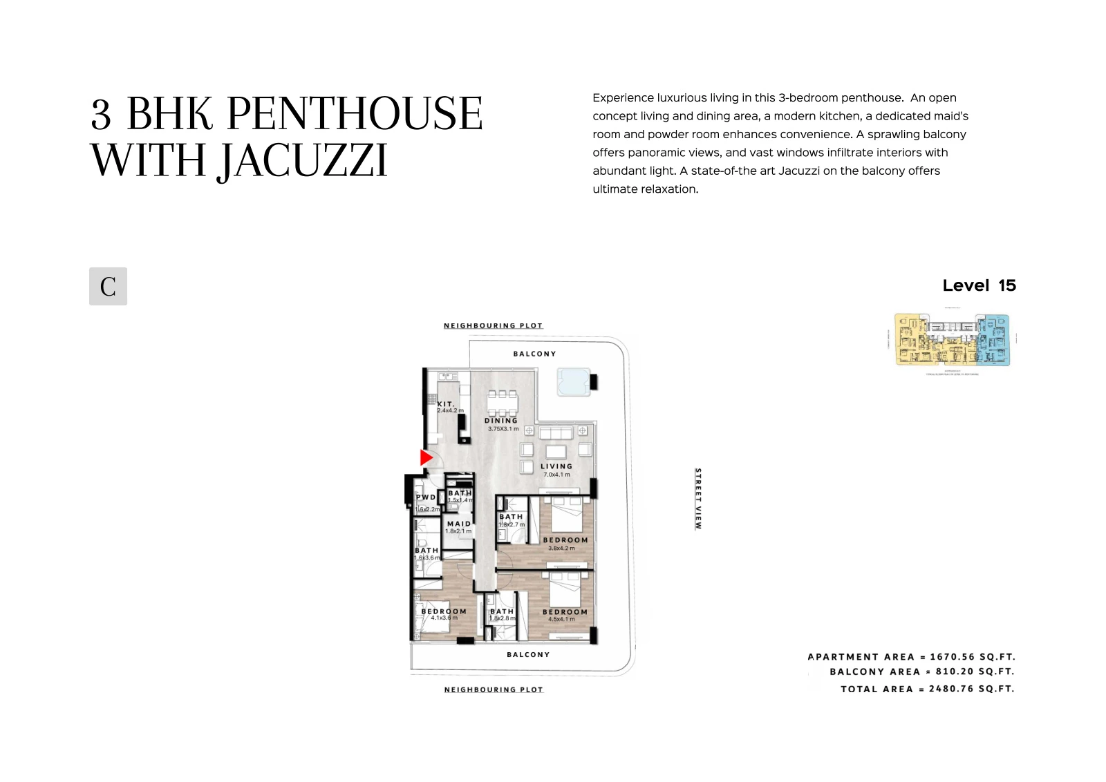 Floor plan for 3 Bedroom Penthouse with Jacuzzi Type C - Level 15