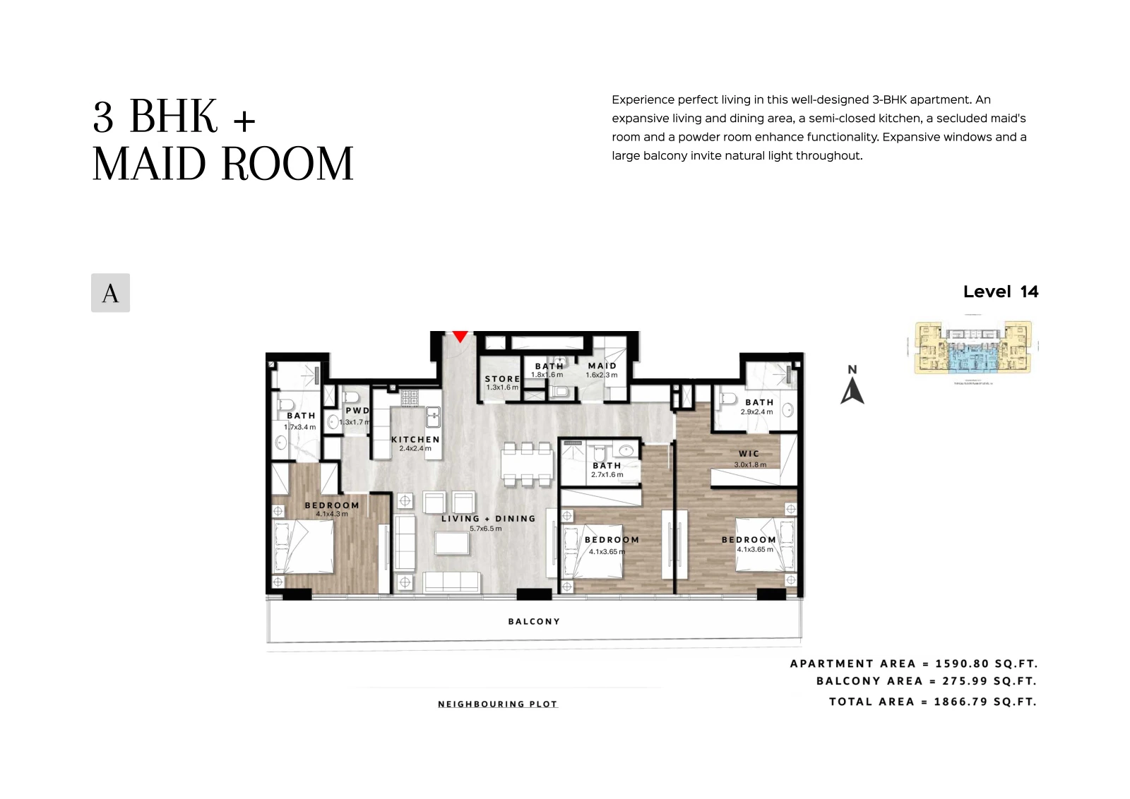 Floor plan for 3 Bedroom + Maid Type A - Level 14
