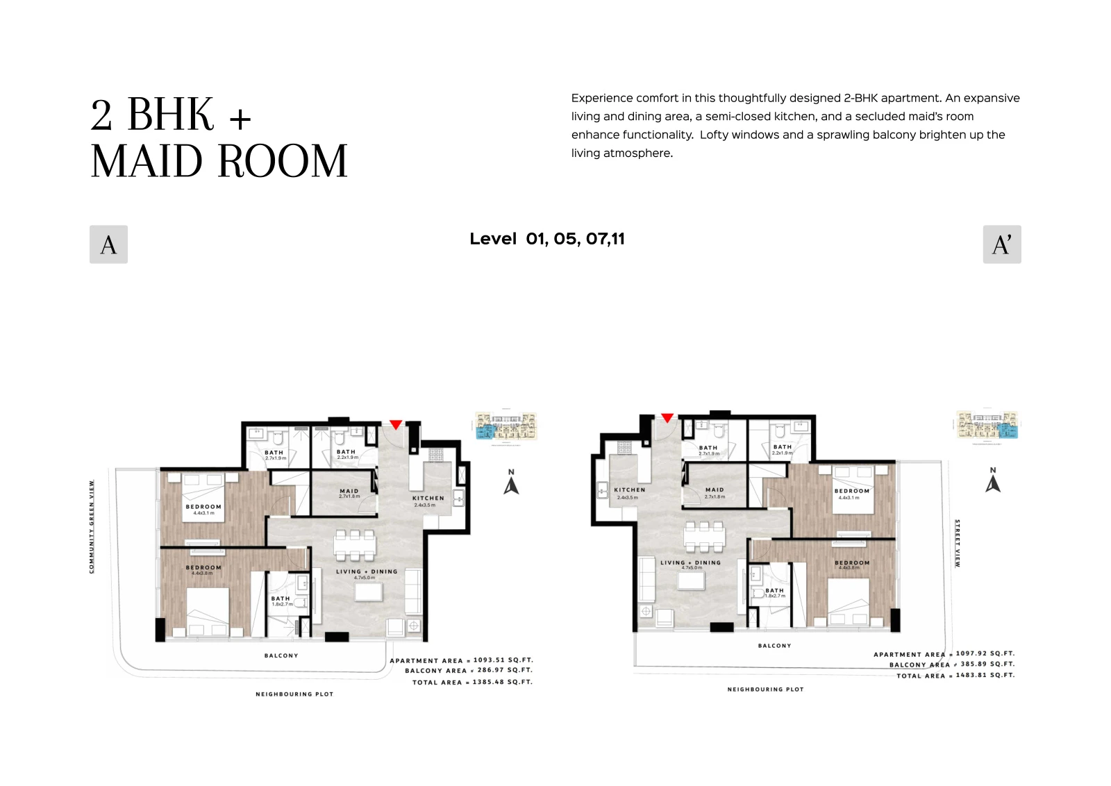 Floor plan for 2 Bedroom + Maid Type A/A' - Levels 01, 05, 07, 11
