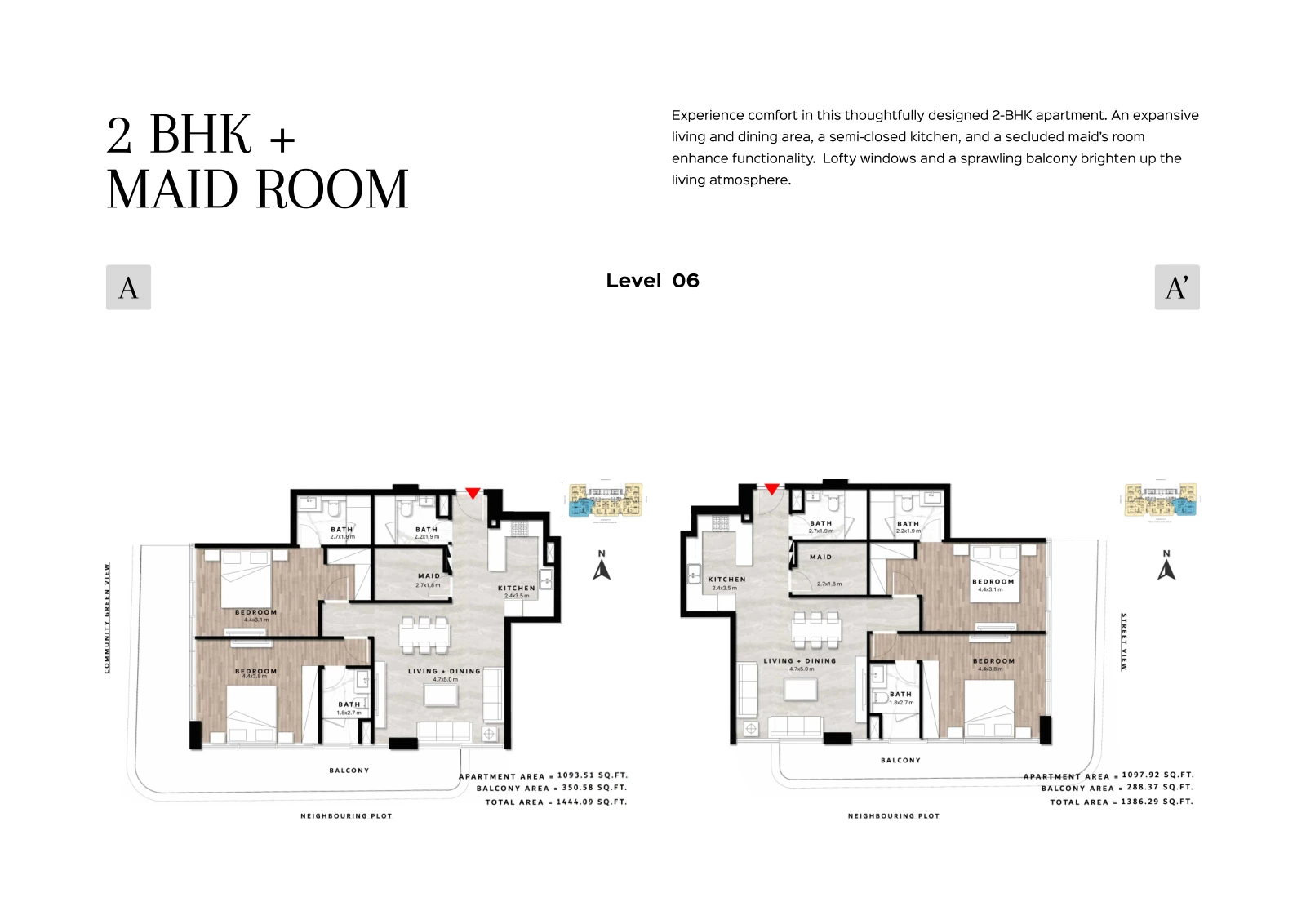 Floor plan for 2 Bedroom + Maid Type A/A' - Level 06