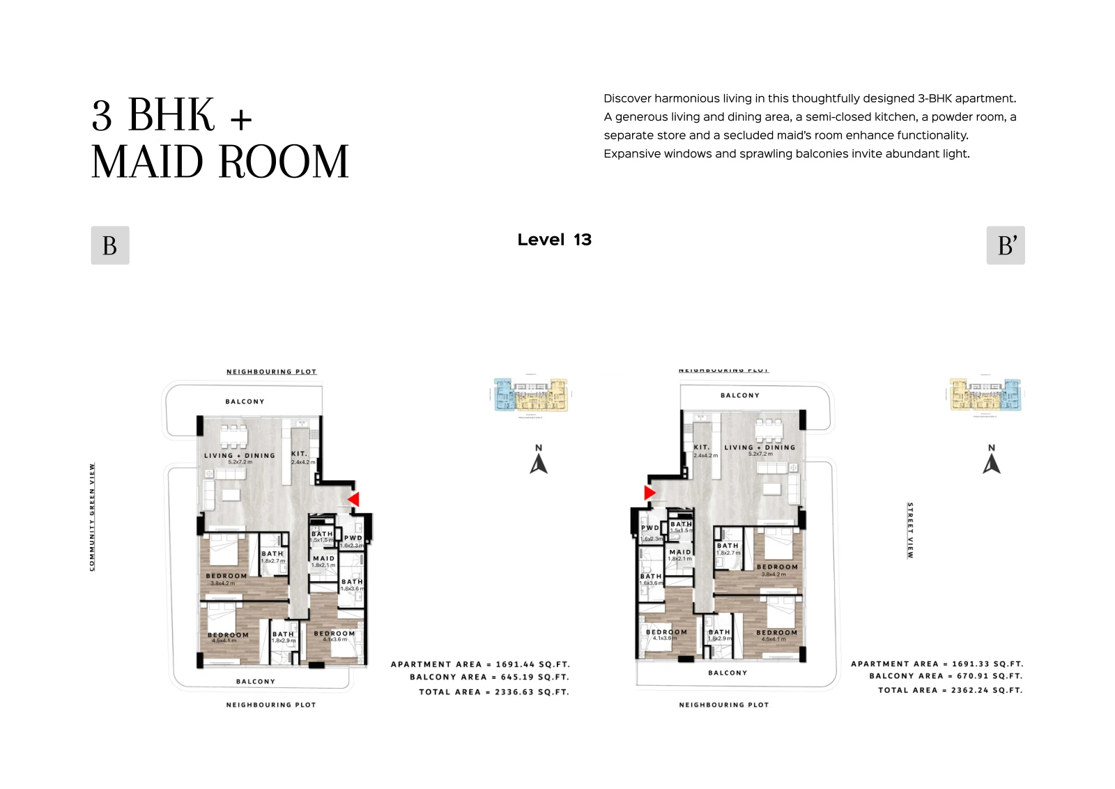 Floor plan for 3 Bedroom + Maid Type B/B' - Level 13