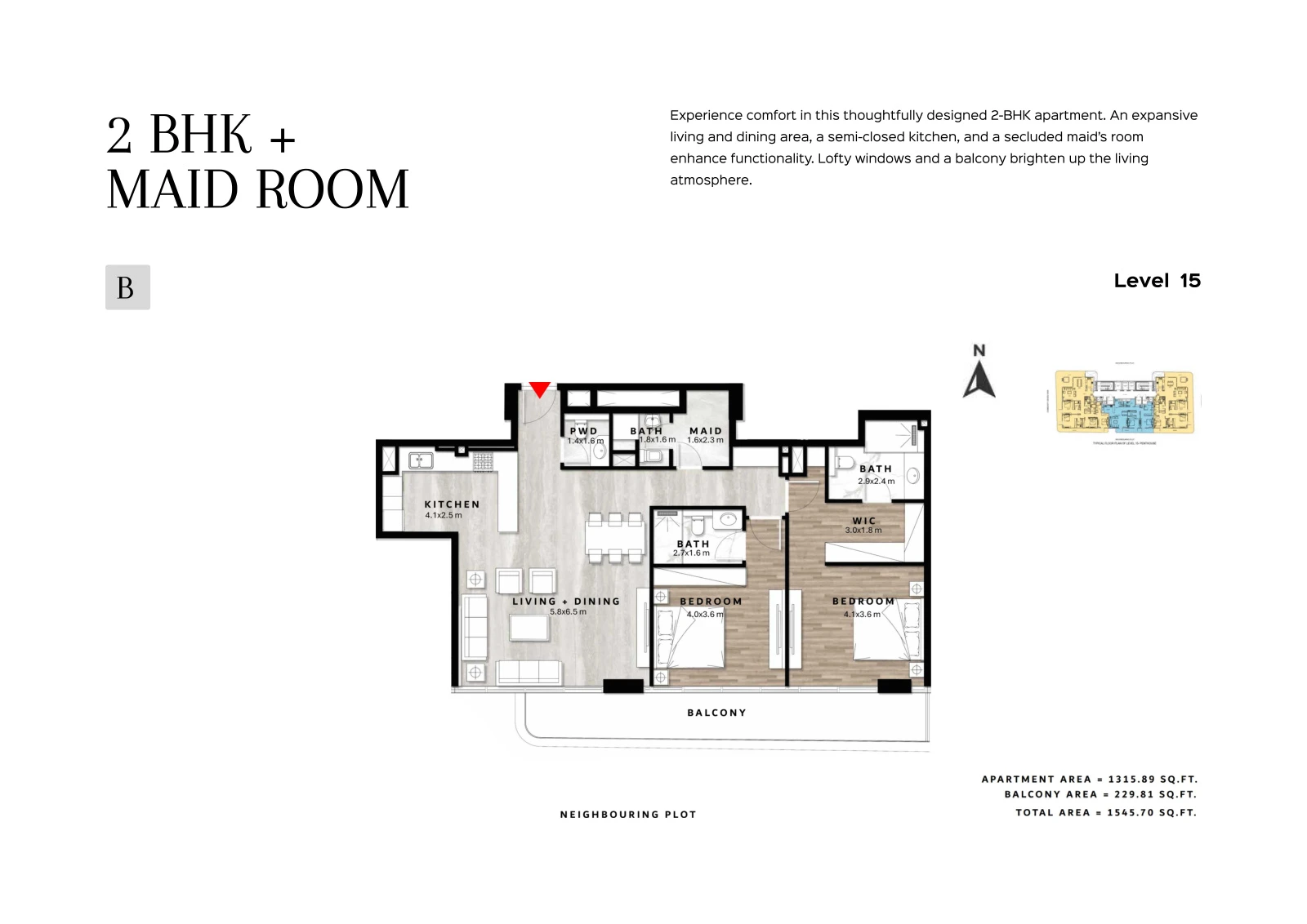 Floor plan for 2 Bedroom + Maid Type B - Level 15