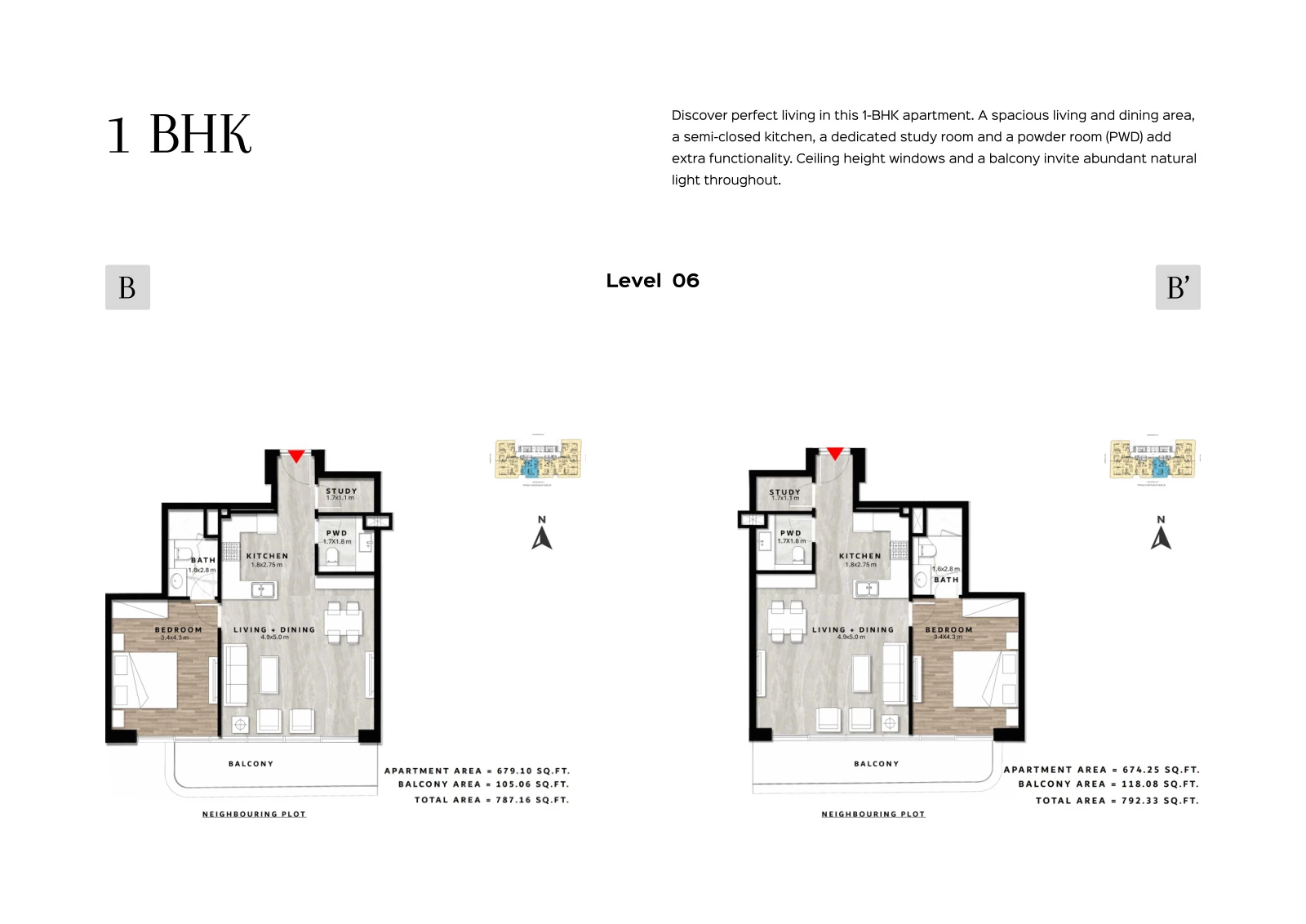 Floor plan for 1 Bedroom Type B/B' - Level 06