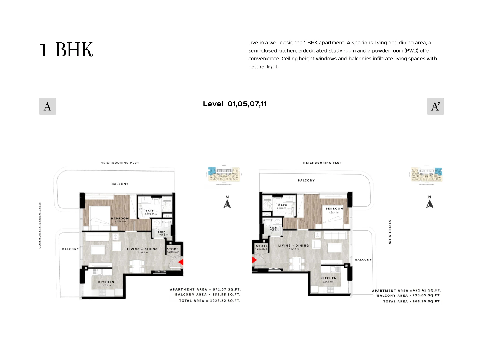 Floor plan for 1 Bedroom Type A/A' - Levels 01, 05, 07, 11