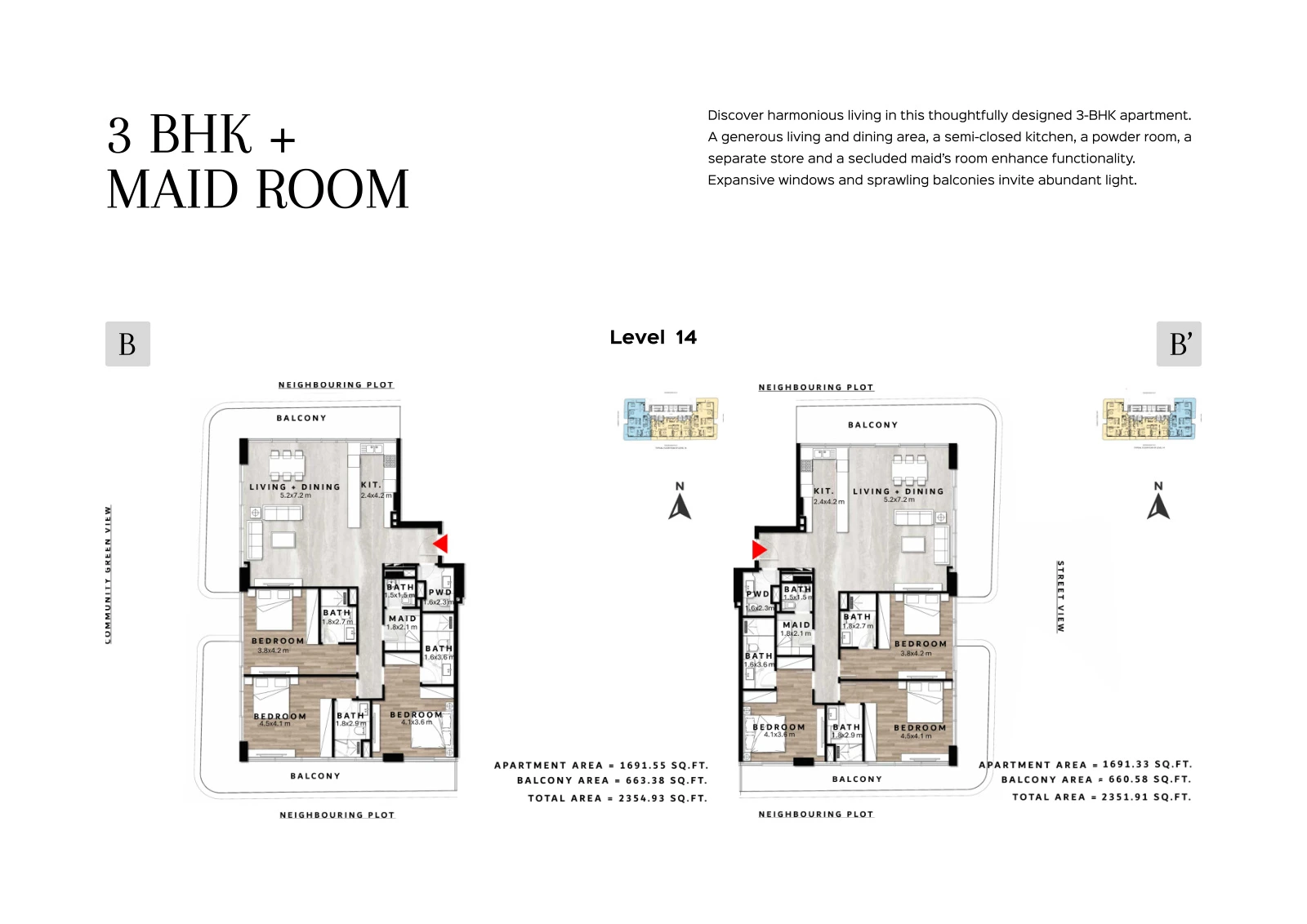 Floor plan for 3 Bedroom + Maid Type B/B' - Level 14