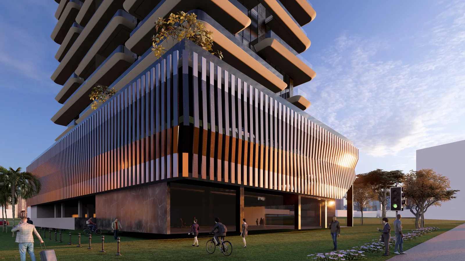 Podium exterior and entrance level at Repose Residence.