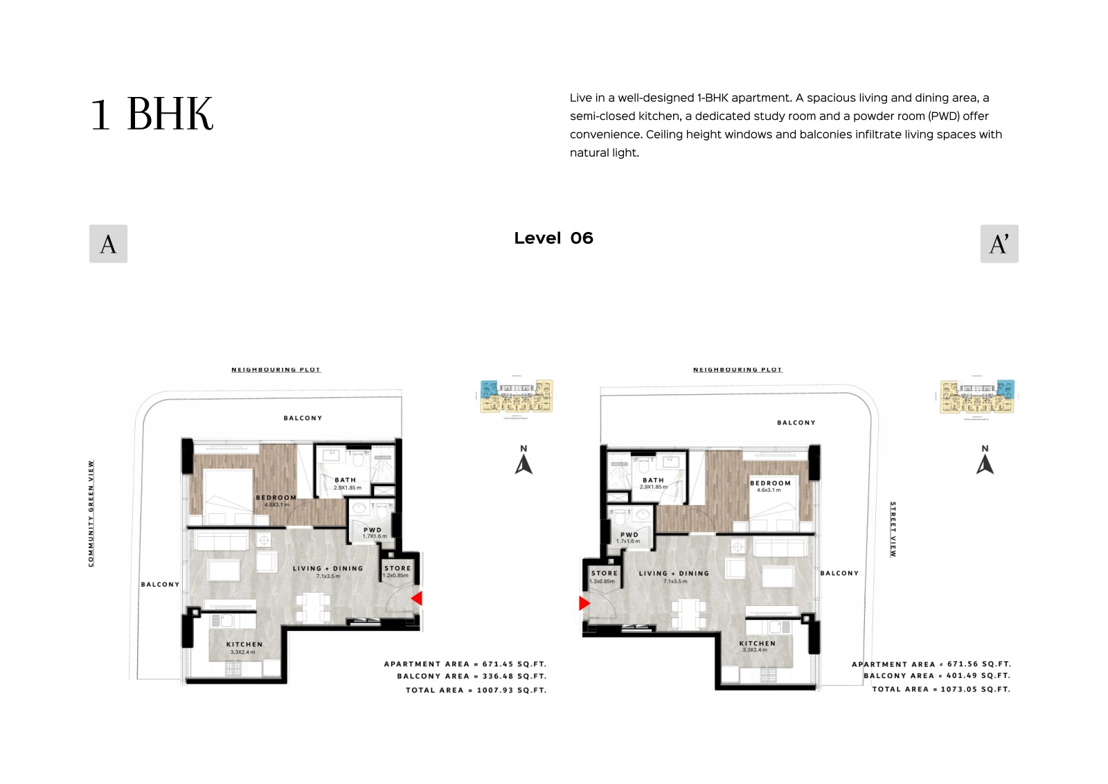 Floor plan for 1 Bedroom Type A/A' - Level 06