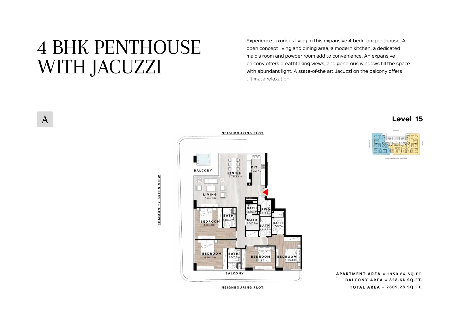Floor plan for 4 Bedroom Penthouse with Jacuzzi Type A - Level 15