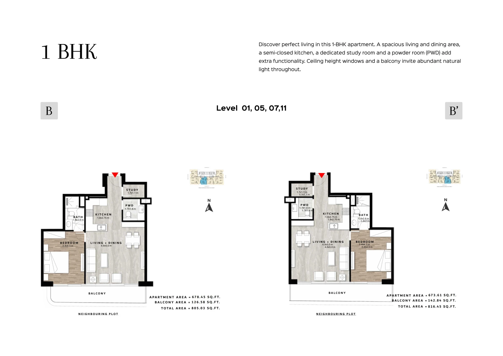 Floor plan for 1 Bedroom Type B/B' - Levels 01, 05, 07, 11