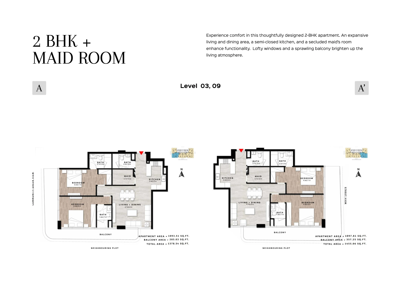 Floor plan for 2 Bedroom + Maid Type A/A' - Levels 03, 09