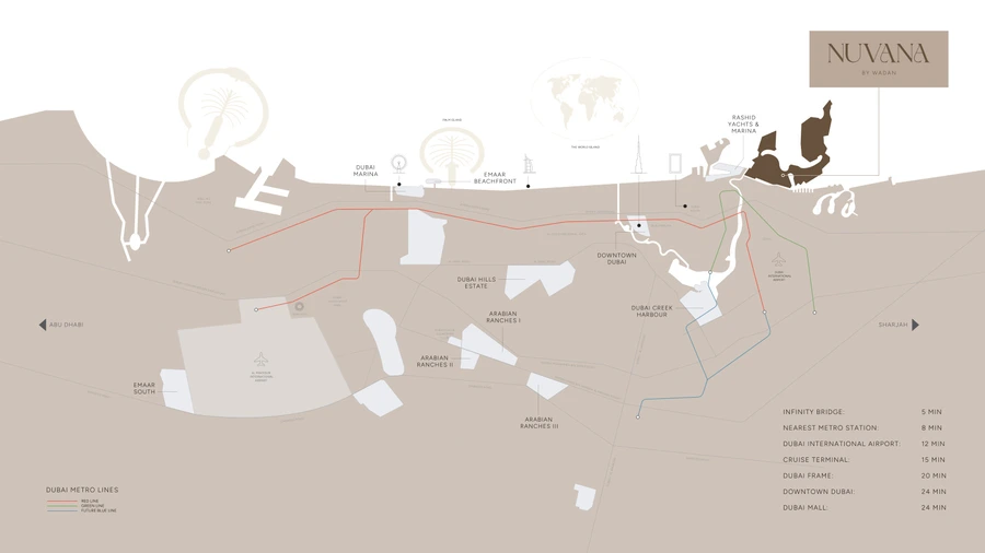 Dubai location and travel-time map showing Nuvana by Wadan on Dubai Islands.