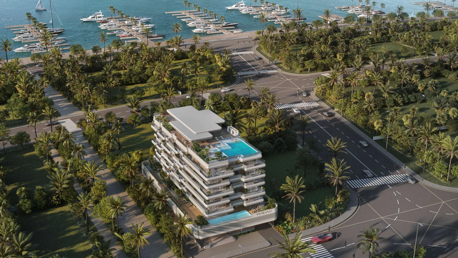 Aerial exterior view of Nuvana by Wadan and its Dubai Islands setting.