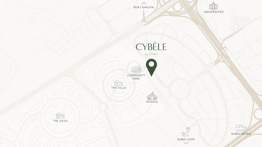 Local location map for Cybele by Wadan opposite the community park in Dubai Land Residence Complex.