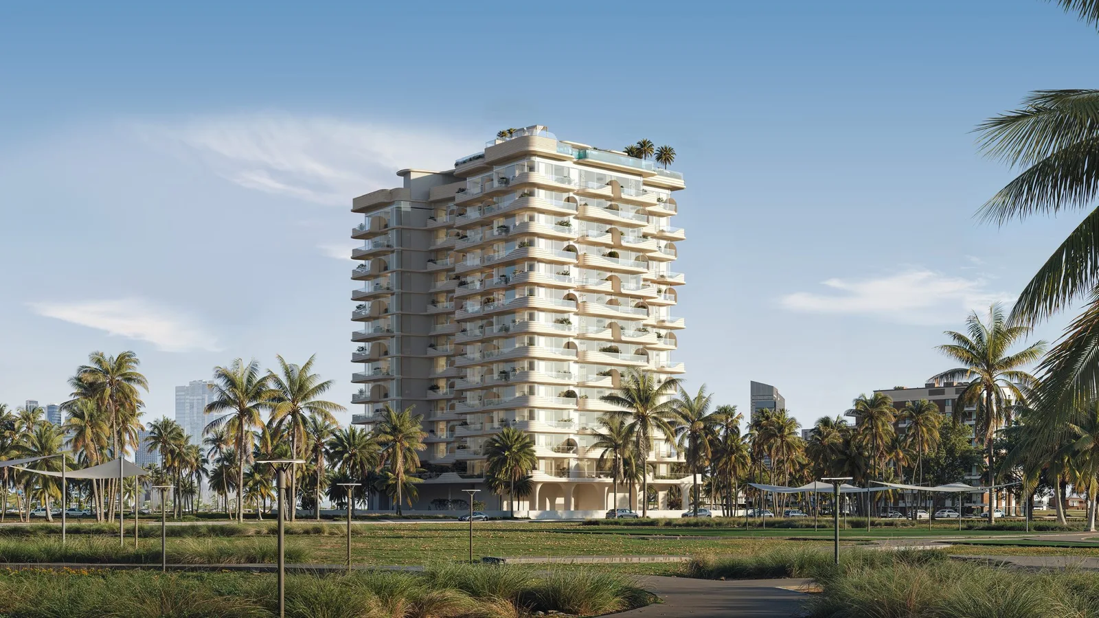 Parkfront exterior of Cybele by Wadan in Dubai Land Residence Complex.