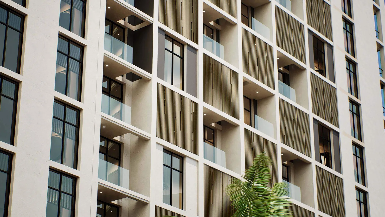 Facade and balcony detail at Aria Heights.