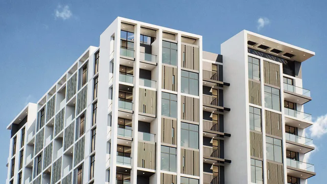 Upper exterior view of Aria Heights in Jumeirah Village Circle.