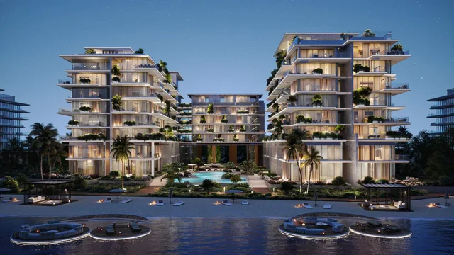 Silena Residences beachfront buildings at dusk on Dubai Islands