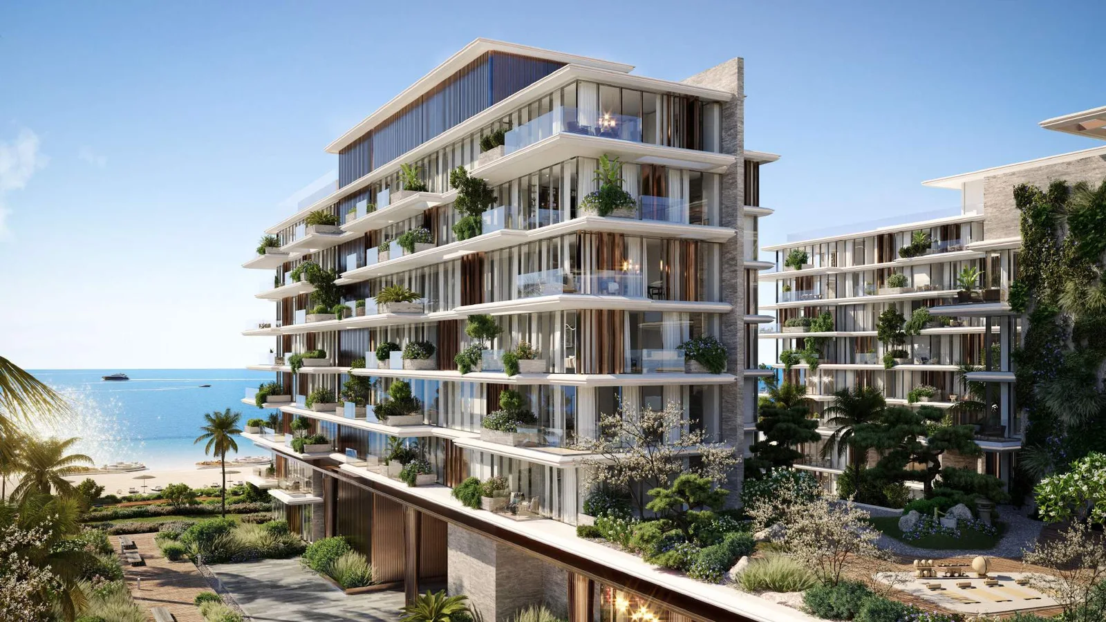 Landscaped low-rise buildings at Silena Residences beside the Dubai Islands beachfront