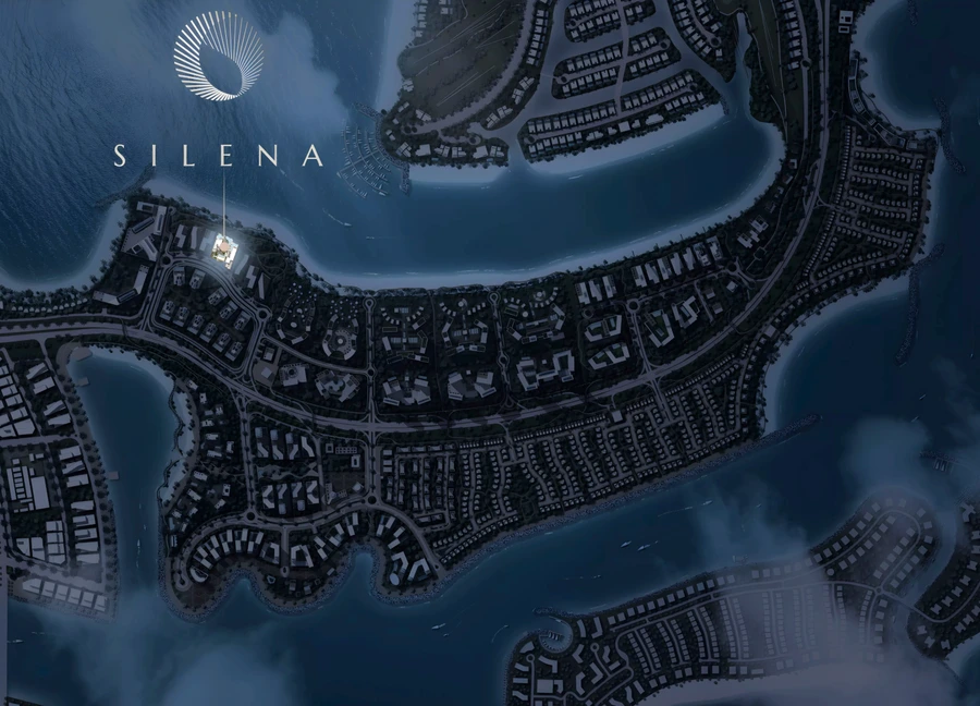 Aerial site plan of the three Silena Residences buildings, central pools and beachfront setting