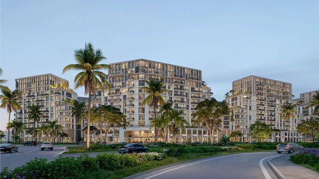 Street view of Loom at AVENEW 888 with palm-lined landscaping