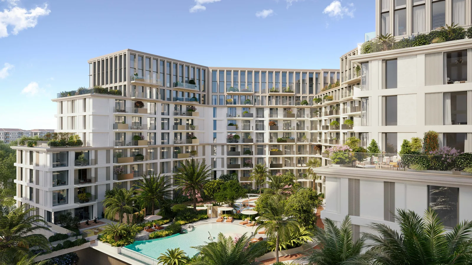 Aerial view of Loom at AVENEW 888 residences and pool courtyard