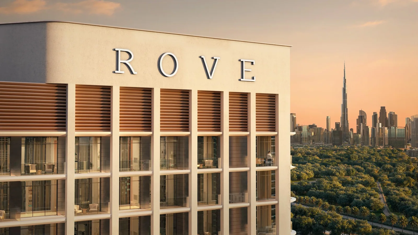 Facade and skyline outlook at Rove Home Meydan Horizon.