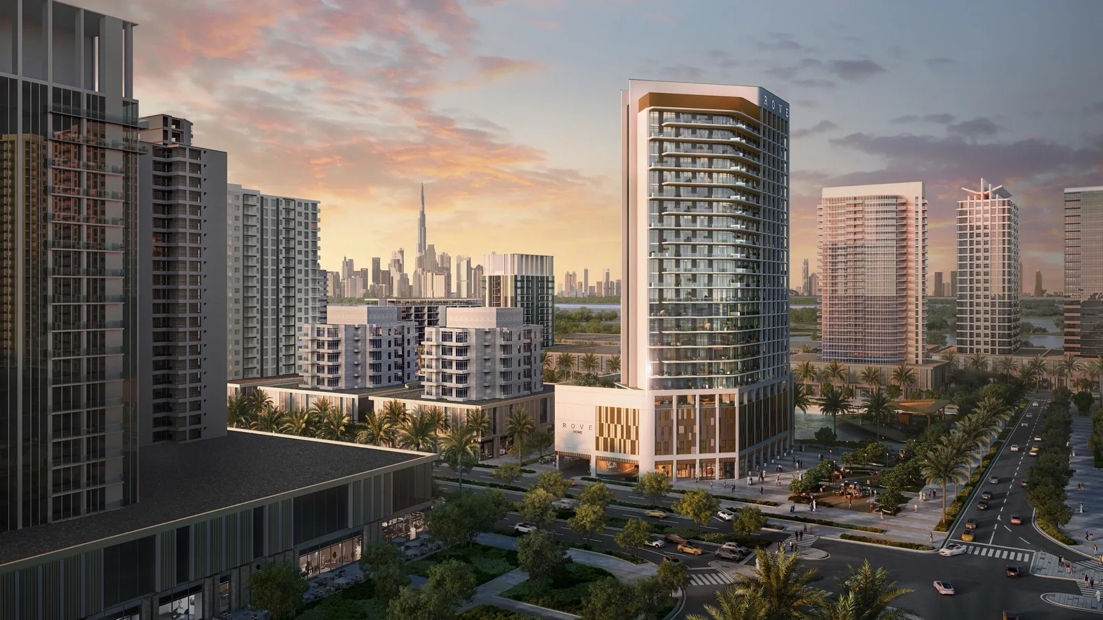 Rove Home Meydan Horizon tower with the Dubai skyline beyond.