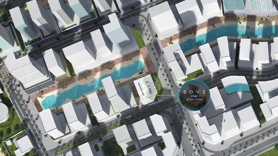Meydan Horizon master plan showing the Rove Home plot beside the lagoon.