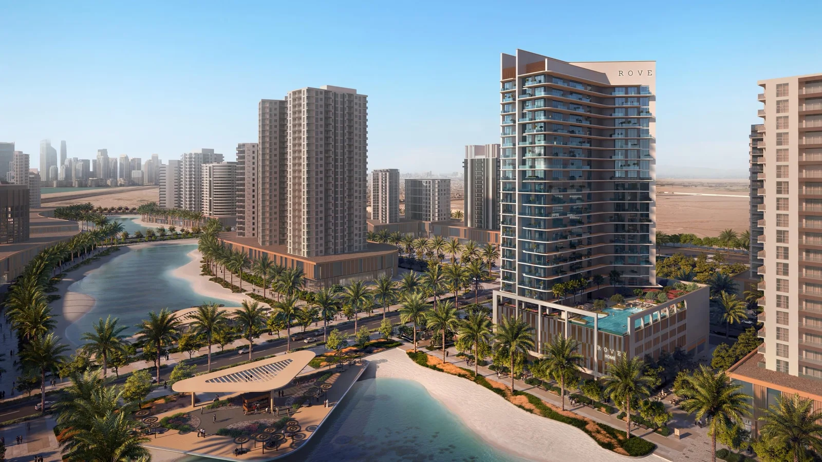 Rove Home Meydan Horizon beside the community lagoon.