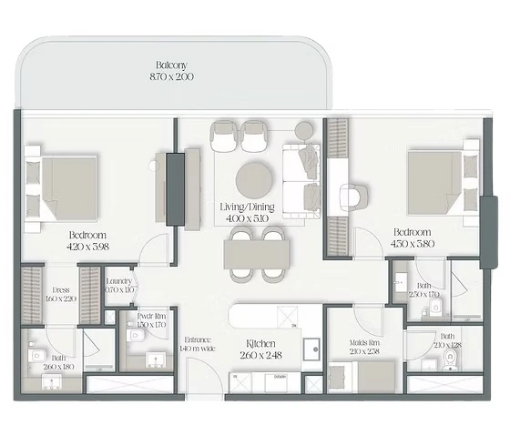 Floor plan for 2 Bedroom + Study