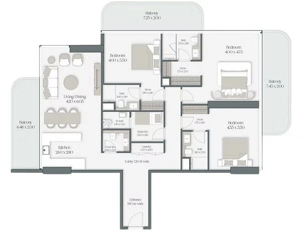Floor plan for 3 Bedroom + Study