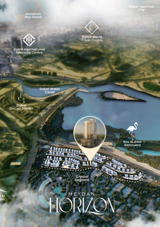 Meydan Horizon masterplan showing The Caden beside the crystal lagoon.