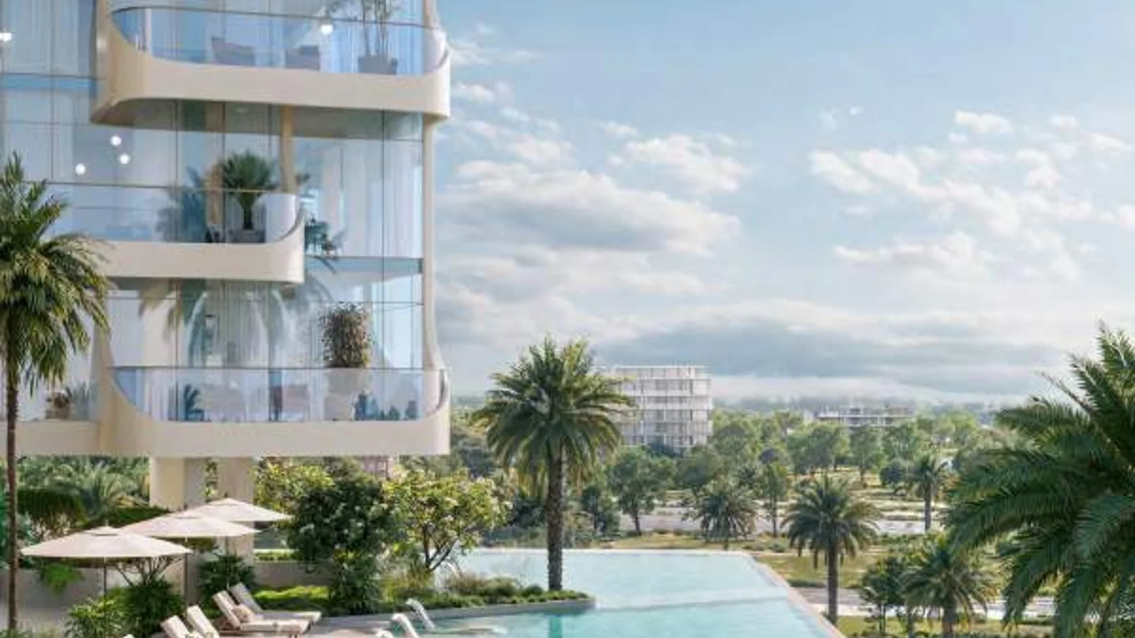 Infinity pool and curved balconies at The Caden.