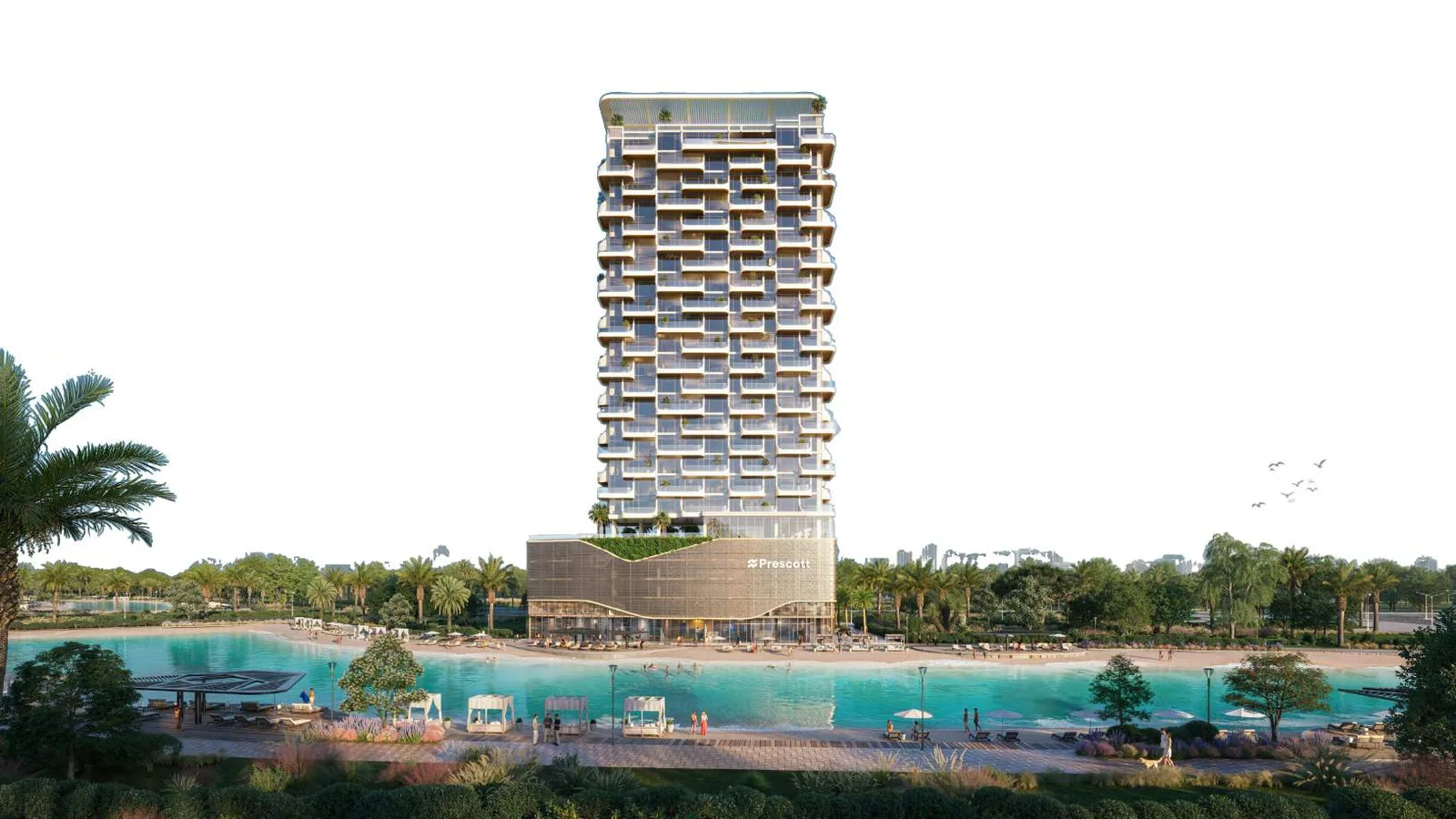 Waterfront elevation of The Caden across the Meydan Horizon lagoon.