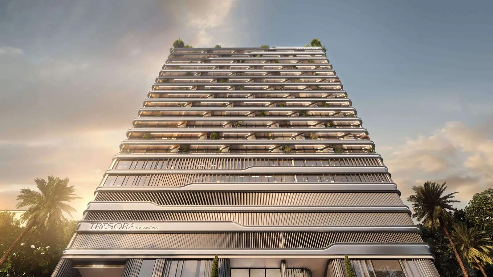 Upward exterior view of Tresora by Wadan in Jumeirah Village Circle.