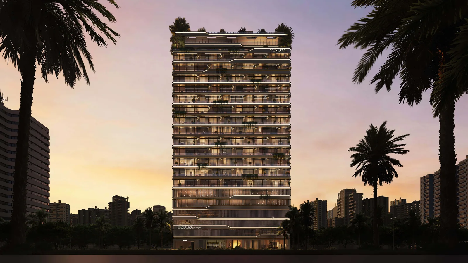 Full tower exterior of Tresora by Wadan at dusk.