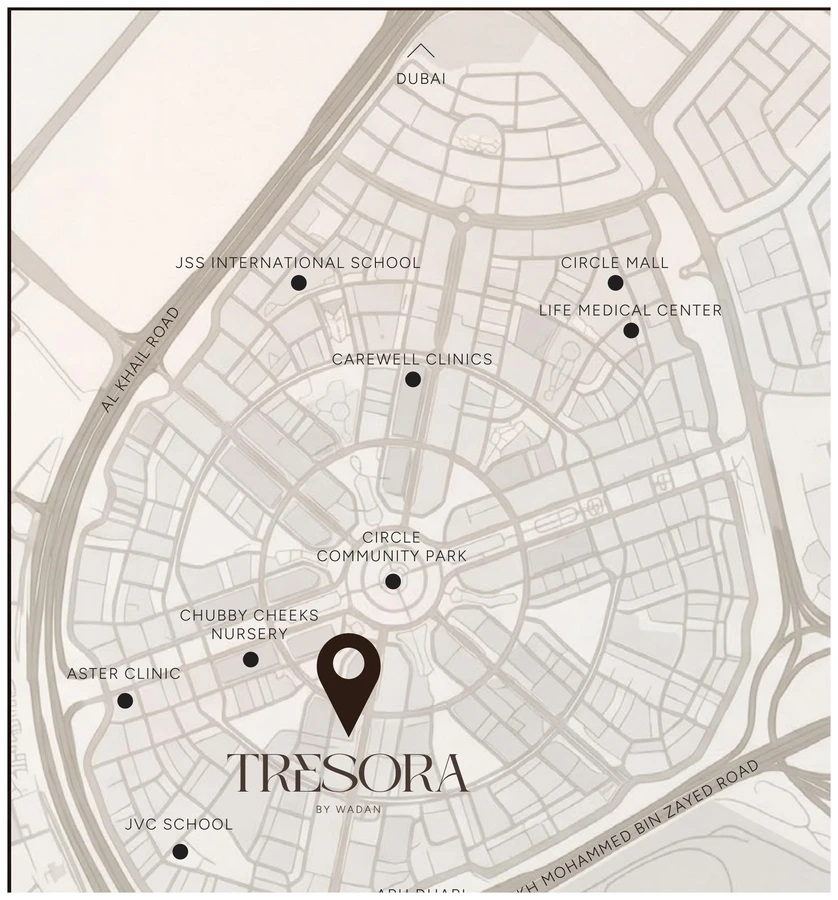 Location plan showing Tresora within Jumeirah Village Circle.