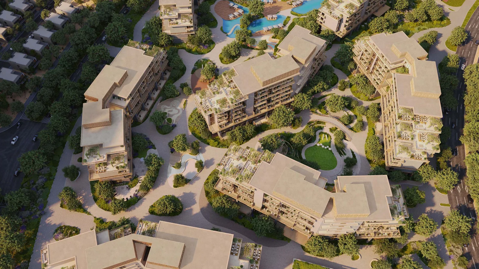 Aerial view of Arancia Yards 2 buildings around landscaped central gardens