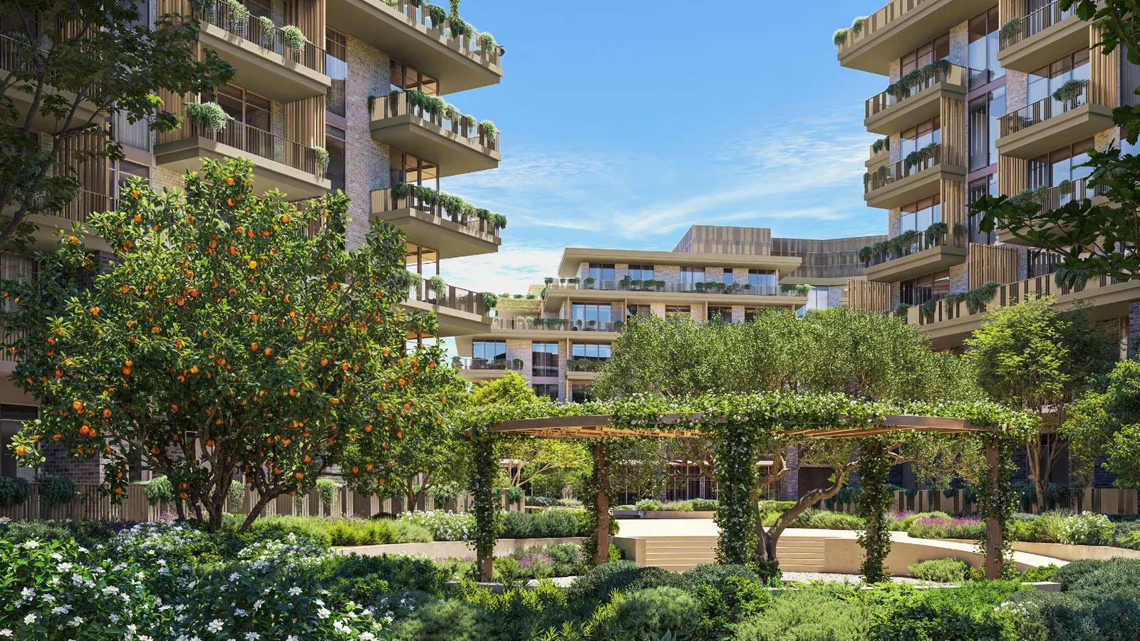 Landscaped courtyard and shaded paths between Arancia Yards 2 residences