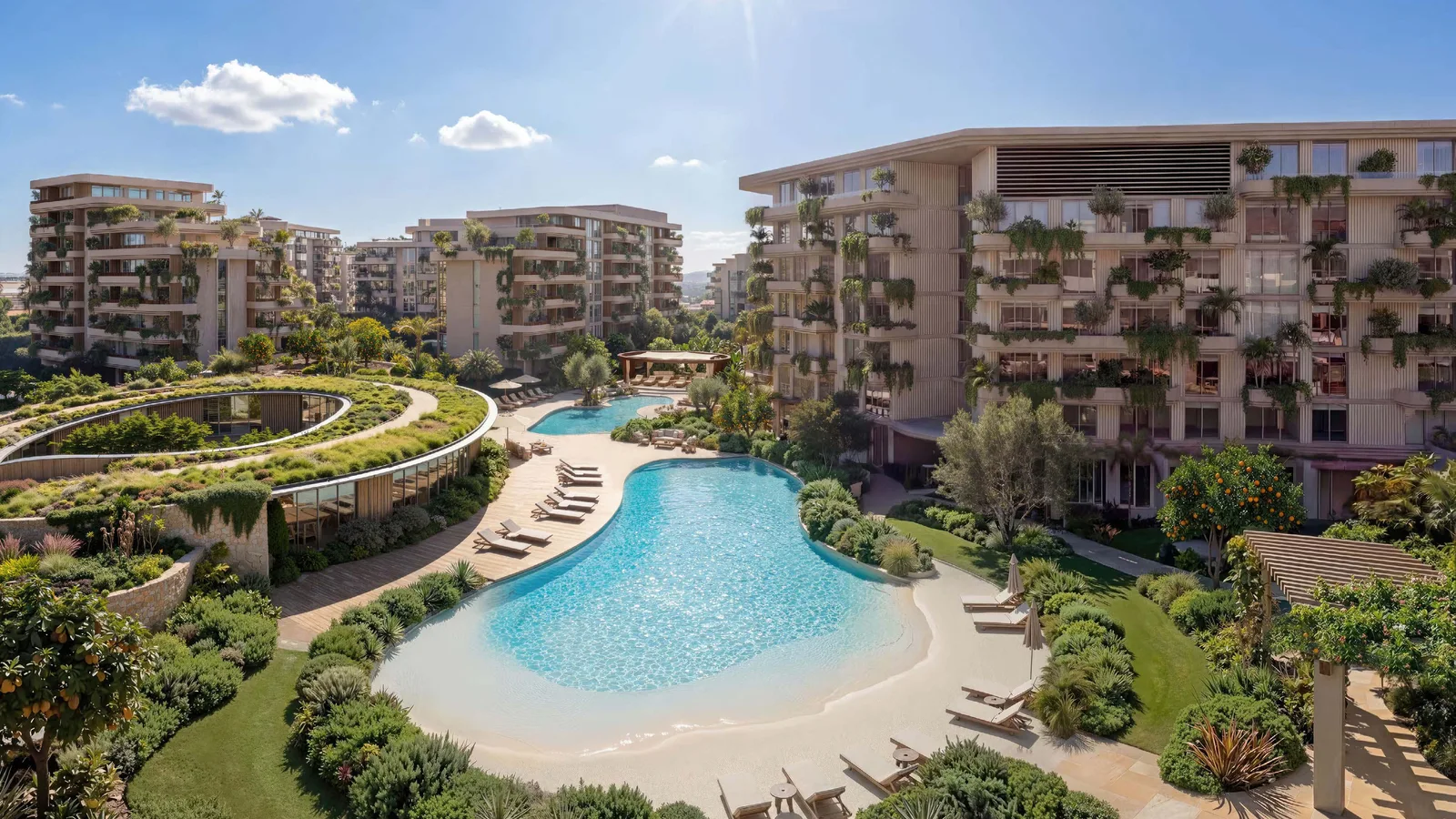 Lagoon pool and landscaped residences at Arancia Yards 2 in City of Arabia