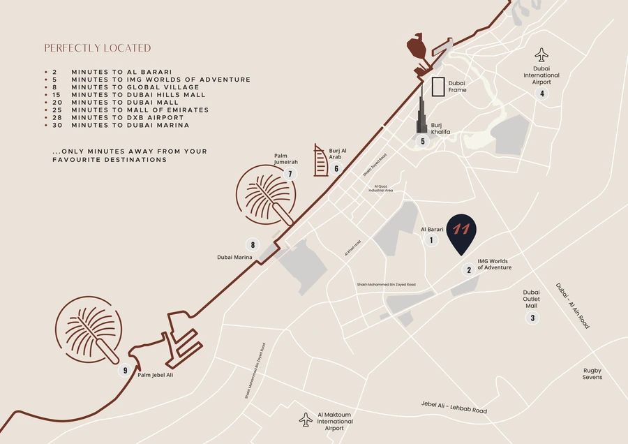 Location map for Tulip Oasis 11 in Majan, Dubai.