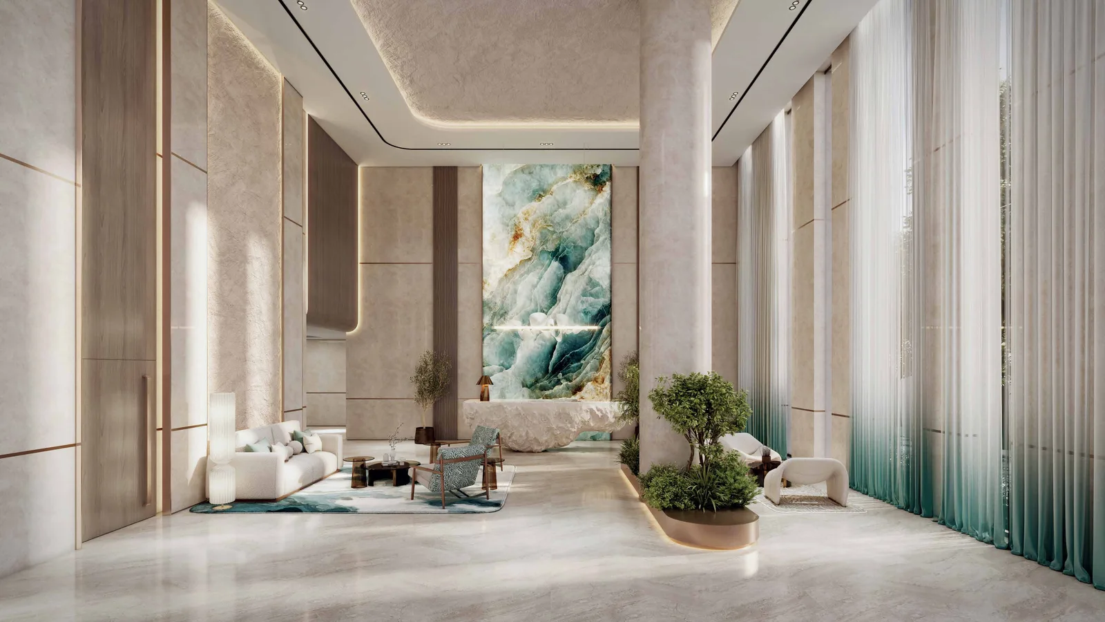Resident lobby interior at Vayla Residences.