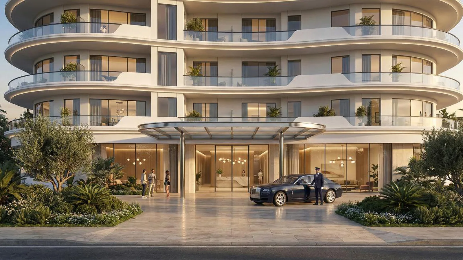 Landscaped entrance and arrival area at Xenia Residence.