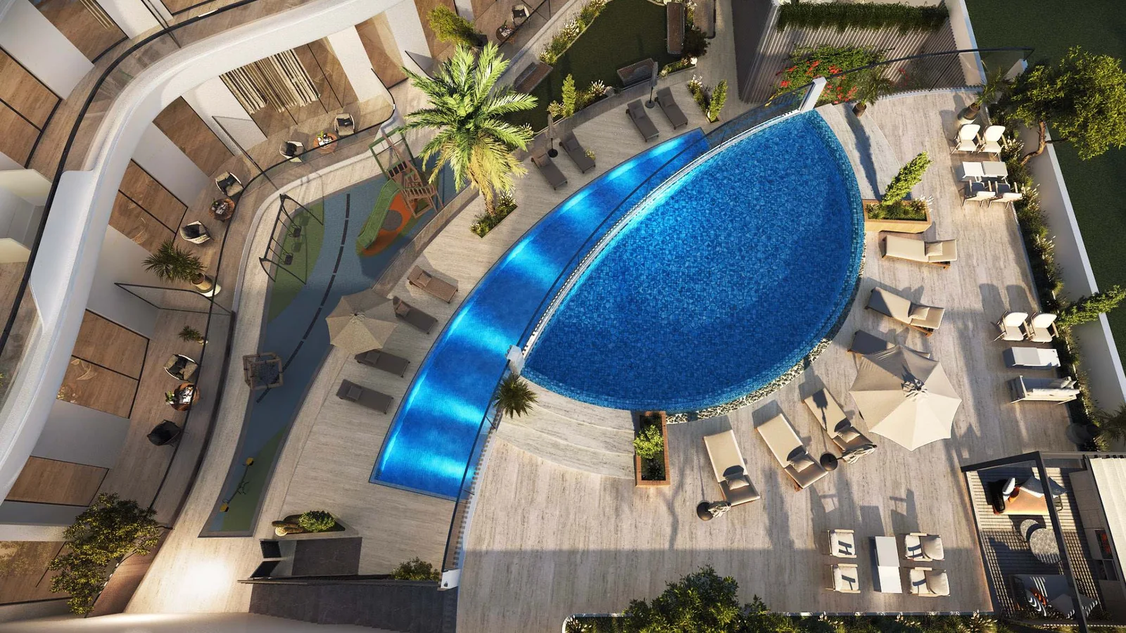 Aerial view of the swimming pools and leisure deck at Xenia Residence.