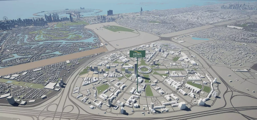 Aerial master plan marking the location of Xenia Residence in Jumeirah Village Circle.